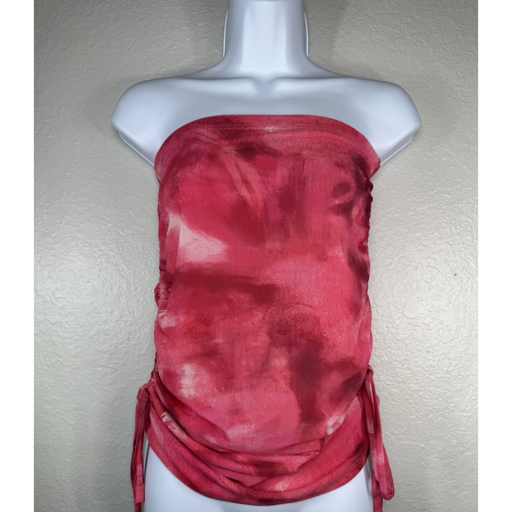 Women's pink tie-dye mesh strapless tube top Size S side ruching Y2K